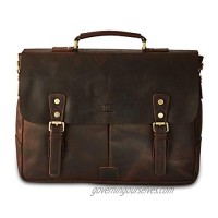 BRASS TACKS Leathercraft Men's Full Crazy Horse Leather 15.6 inch Laptop Briefcase Vintage Buckle Strap Messenger Bag