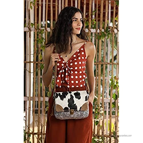 Myra Bag Snowy Fusion Upcycled Canvas & Cowhide Messenger Bag S-1485