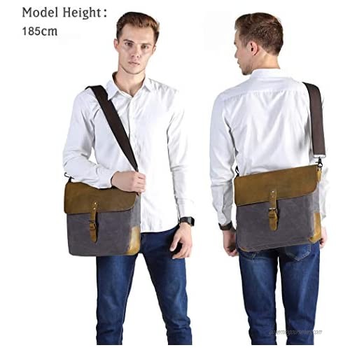 Small Messenger Bag Vaschy Vintage Genuine Leather Waxed Canvas Mens Classic Flap Crossbody Shoulder Bag Black for Ipad