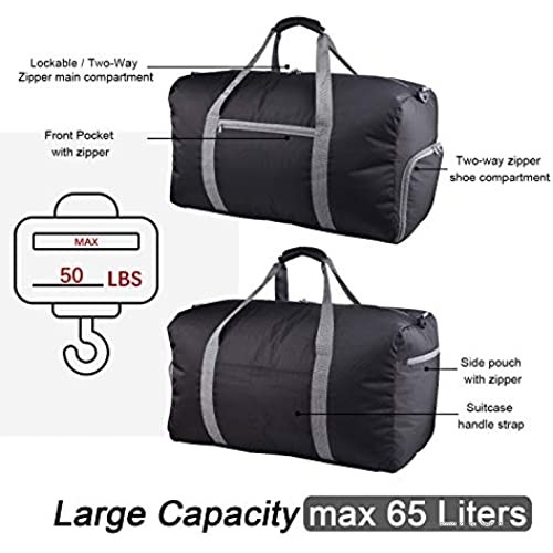 65L Travel Duffel Bag Foldable and Lightweight with Shoes Compartment
