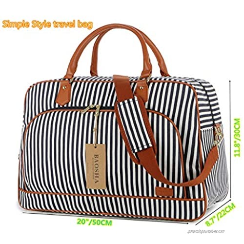 BAOSHA Large Canvas Travel Tote Duffel Bag Carry on Weekender Overnight Bag for Women HB-35 (Blue Striped)