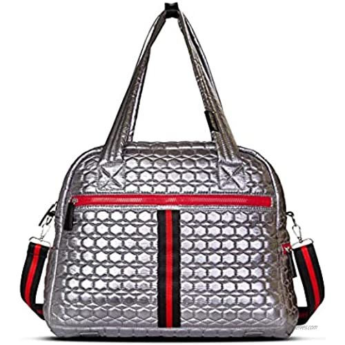 FLYTE Adélie Bag | Gym & Travel Quilted Duffel | Silver & Red