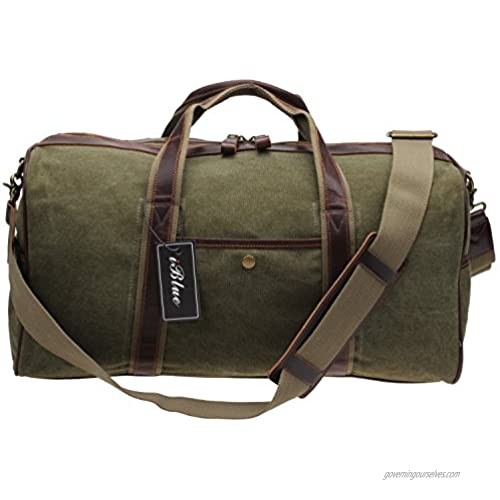 IBLUE Large Canvas Weekend Travel Duffel Bag Overnight Bag Vintage Leather Tote Airplane Carryon Luggage Handbag Gym Sports Shoulder Bag
