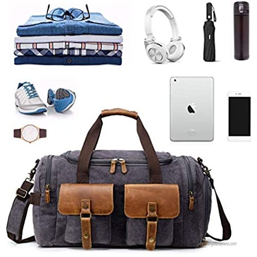 Kemy’s NEW UPGRADED Mens Canvas Duffle Bag Oversized Weekender Overnight Bags Vintage Carry On Luggage with Genuine Leather for Traveling (Grey)