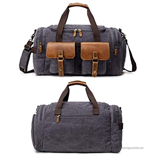 Kemy’s NEW UPGRADED Mens Canvas Duffle Bag Oversized Weekender Overnight Bags Vintage Carry On Luggage with Genuine Leather for Traveling (Grey)