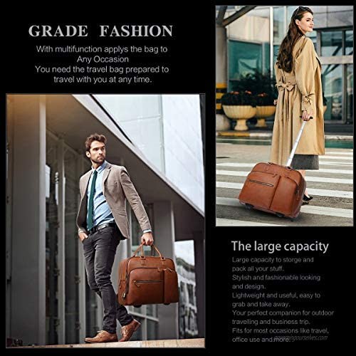 Leathario Leather Suitcase Trolley Luggage Travel Duffle Bag Weekend Overnight Rolling Suitcase Rolling Laptop Case Wheeled Briefcase Bag Suitcase Roller Boarding Under Seat Case
