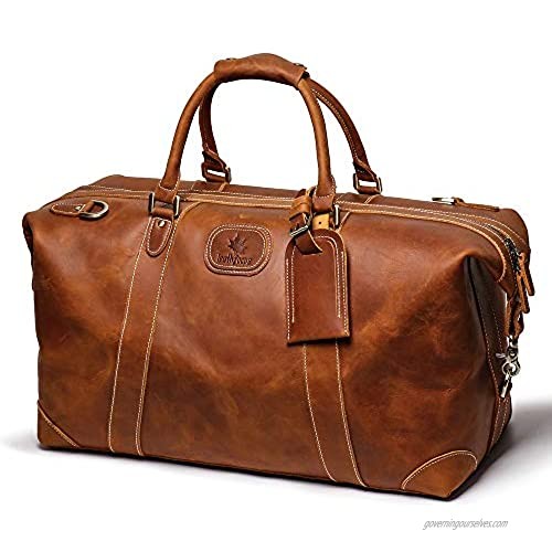 Leathfocus Vintage Leather Weekend Bag Full Grain Mens Cow Leather Sport Travel Duffels Classic Gift Weekend Luggage Bag Premium YKK Zipper (Brown)