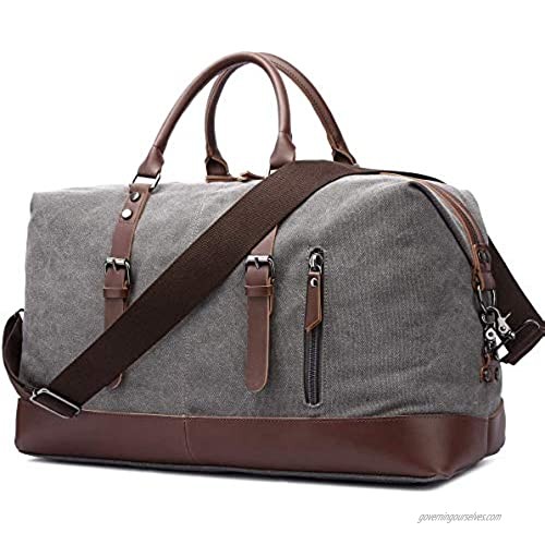 TELOSPORTS Oversized Canvas Weekender Bag Travel Tote Duffel Shoulder Weekend Bag Overnight Carry on Handbag Genuine Leather Handle and Bottom (GRAY)