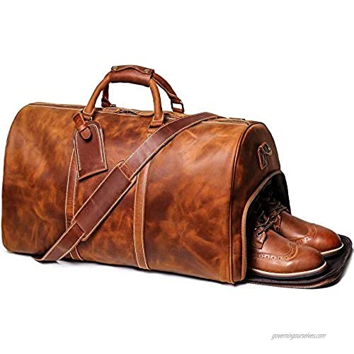 TUZECH Leather Vintage Duffel Travel Bag for Men/Women|Full Grain Leather|Travel Overnight Weekend Leather Bag|Sports Gym Airplane Luggage Carry-With Shoe Compartment 22 Inch (Party Tan Brown)