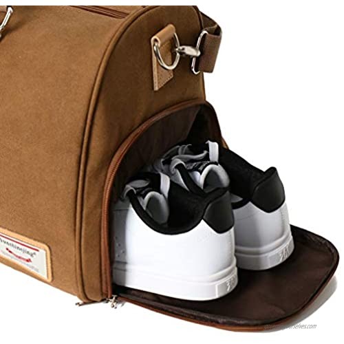 Unisex Canvas Weekender Overnight Duffel Bag Travel Gym Tote Carry on Bag with Shoes Compartment (Brown)