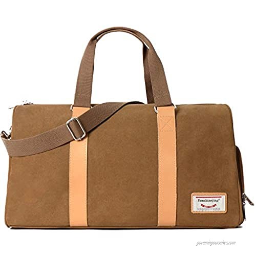 Unisex Canvas Weekender Overnight Duffel Bag Travel Gym Tote Carry on Bag with Shoes Compartment (Brown)