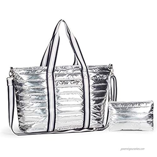 Viva Terry Women's quilted Weekender tote Bag with Pouch (Silver)