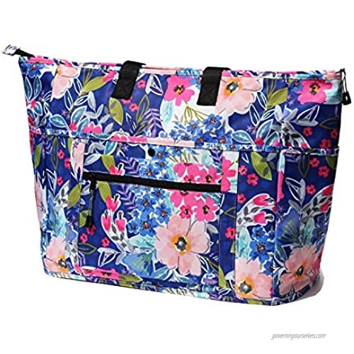 Women Ladies Weekender Bag Muti-pockets Overnight Carry-on Duffel Travel Gym Tote Luggage Duffle with Trolley Sleeve (Blue Flower)