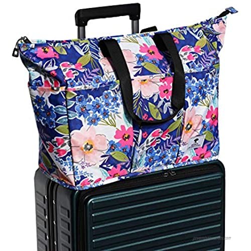 Women Ladies Weekender Bag Muti-pockets Overnight Carry-on Duffel Travel Gym Tote Luggage Duffle with Trolley Sleeve (Blue Flower)