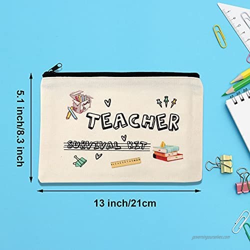 12 Pieces Teacher Makeup Bag Survival Kit Thank You Cosmetic Bag Teacher Pencil Case Bags Travel Toiletry Canvas Pouch with Zipper for Teacher Appreciation Gift (4 Styles)