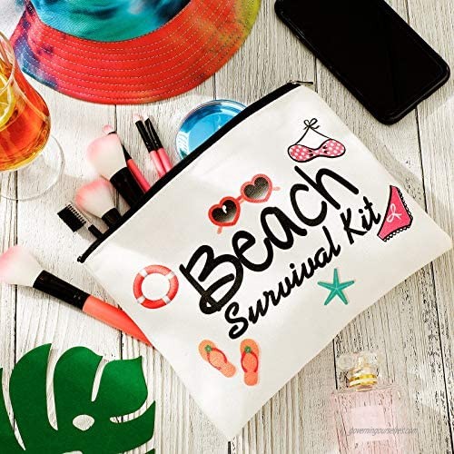 2 Pieces Beach Survival Kit Cosmetic Bag Funny Beach Makeup Bag Beach Accessories Travel Organizer Bag Cotton Pouch Case for Women Kids Present