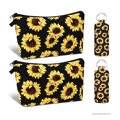2 Pieces Sunflower Makeup Pouch Cosmetic Bag Toiletry Bag with 2 Pieces Lip Balm Holder Keychain Sunflower Lipstick Keychain for Men and Women