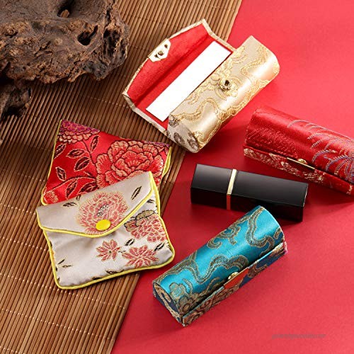 24 Pieces Silky Satin Fabric Lipstick Case Lipstick Box Holder with Mirror Jewelry Silk Purse Brocade Embroidered Gift Pouch Bag