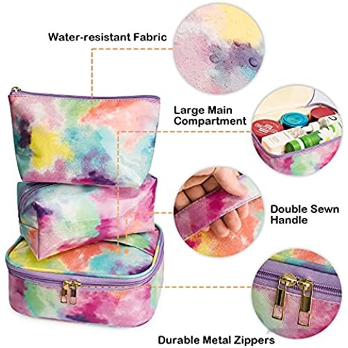 3 PCS Makeup Bags Tie Dye Travel Cosmetic Pouch Water-resistant Organizer Portable Storage Bag Cute Toiletry Bags for Women and Girls (Colourful tie-dye M)