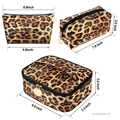3 Pieces Leopard Print Cosmetic Bag Set Cheetah Toiletry Travel Makeup Bag Portable Makeup Pouch Brush Organizer Purse Handbag for Women