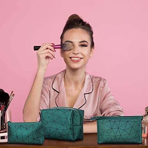 3 Pieces Makeup Bags Cosmetics Bags Geometric PU Leather Cosmetic Pouch Bag Travel Small Zipper Organizer for Women and Girls Green