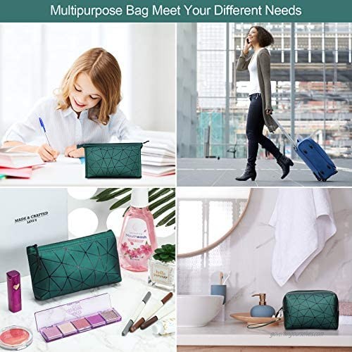 3 Pieces Makeup Bags Cosmetics Bags Geometric PU Leather Cosmetic Pouch Bag Travel Small Zipper Organizer for Women and Girls Green