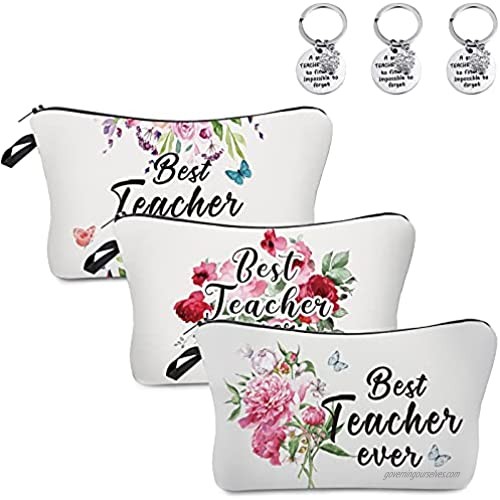 6 Pieces Teacher Appreciation Present Teacher Makeup Bag and Teacher Keychain for Women Teacher Makeup Bag Pencil Pouch for Preschool High School Teachers (Best Teacher Ever)