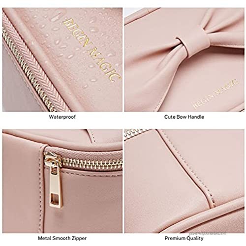 BEGIN MAGIC Travel Makeup Bag Cute Organizer Bag Makeup Bag with Brush Organizer Bow-knot Handle Portable Waterproof Toiletry Pouch Make up Case - PINK