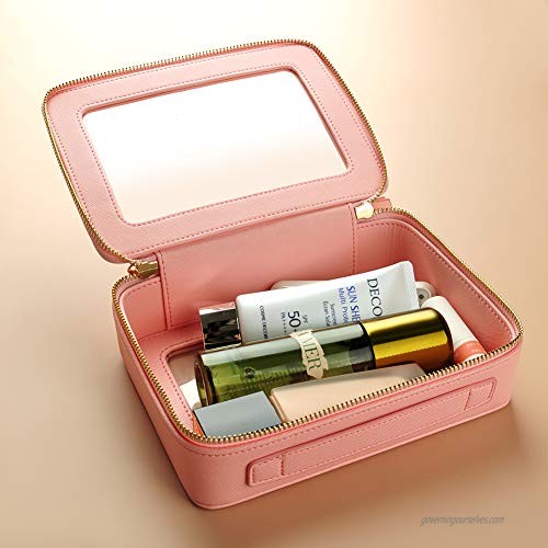 Clear Makeup Bag Pink Leather Cosmetic Bag with Dual Round Zipper Transparent Pink Cosmetic Bag for Travel Makeup Beauty Organizer