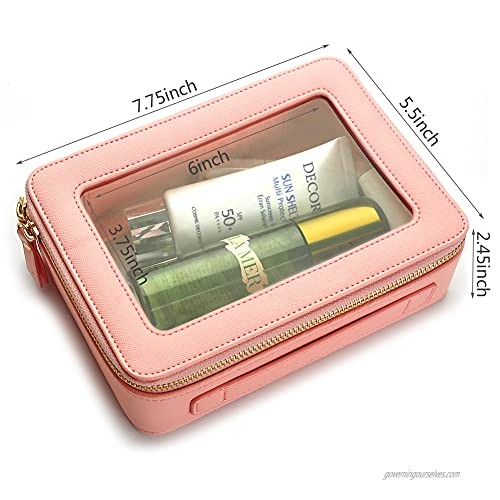Clear Makeup Bag Pink Leather Cosmetic Bag with Dual Round Zipper Transparent Pink Cosmetic Bag for Travel Makeup Beauty Organizer