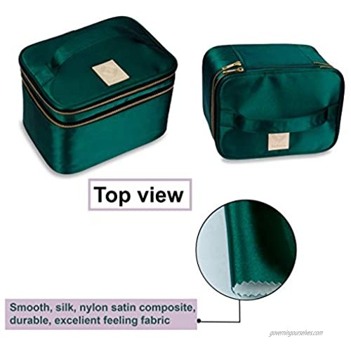 Double Layer Travel Makeup Bag Green Nylon Satin makeup Bag Organizer with Portable Mirror Design and Six Brushes holders Large Cosmetics bag for Women (Green)