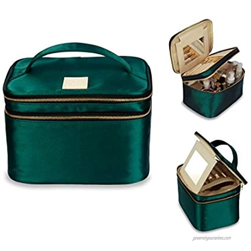 Double Layer Travel Makeup Bag  Green Nylon Satin makeup Bag Organizer with Portable Mirror Design and Six Brushes holders  Large Cosmetics bag for Women (Green)