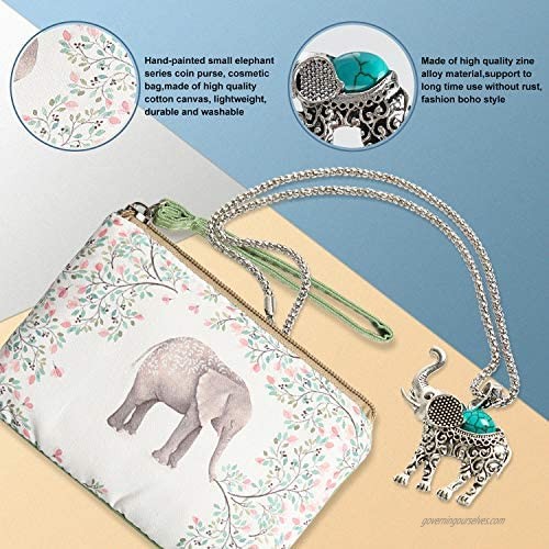 Elephant Jewelry Sets for Women Girls Vintage Silver Ethnic Tribal Elephant Jewelry with Elephant Makeup Bag for Elephant Lover Gift