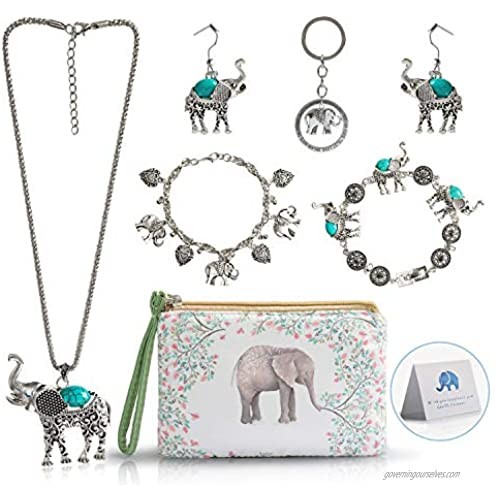 Elephant Jewelry Sets for Women Girls Vintage Silver Ethnic Tribal Elephant Jewelry with Elephant Makeup Bag for Elephant Lover Gift