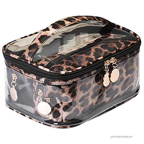 Jarrel 3Pcs Makeup Bag Set Travel Portable Cosmetic Bag - Clear & Leopard Print Pouch Waterproof Organizer Multifunction Case (3in1 Leopard Print)
