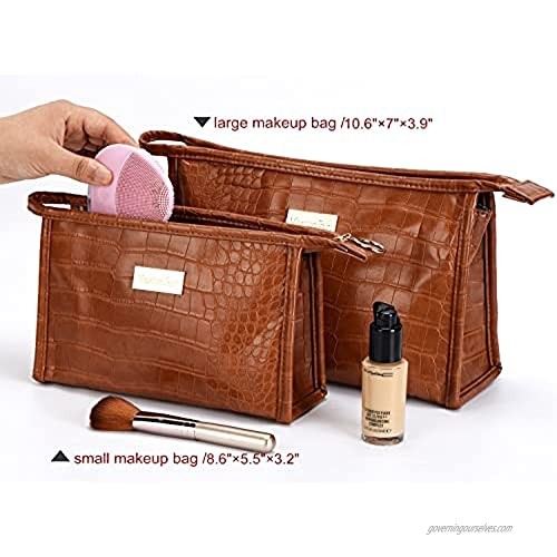 Large Makeup Bag and Small Travel Organizer Zipper Pouch for Women (brown large makeup pouch+small cosmetic pouch)