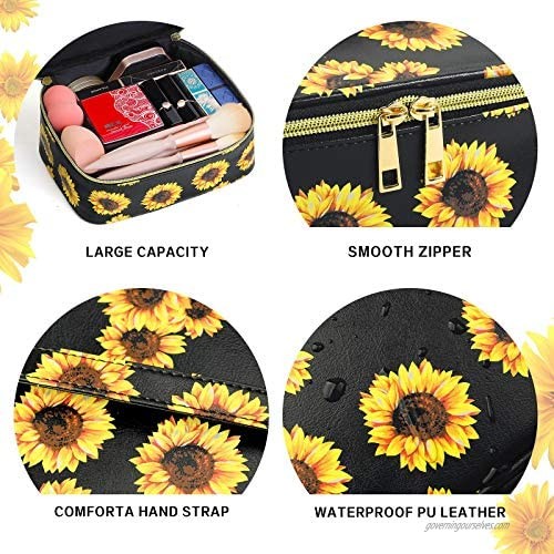 MAGEFY 3Pcs Makeup Bags for Women Portable Travel Cosmetic Bag Waterproof Organizer for Purse with Gold Zipper Cute Toiletry Bags (Sunflower Black)