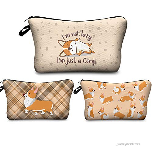 Makeup Bag Funny Corgi Dogs Travel Small Cosmetic Bags Organizer for Women Multifunction Handbag Toiletry Storage Pouch Waterproof Purse Set of 3