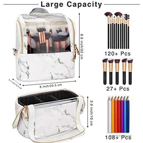 Makeup Brush Case Stand-up Makeup Cup Makeup Brush Holder Travel Professional Cosmetic Bag Artist Storage Bag with Shoulder Strap and Adjustable Divider (Marble)