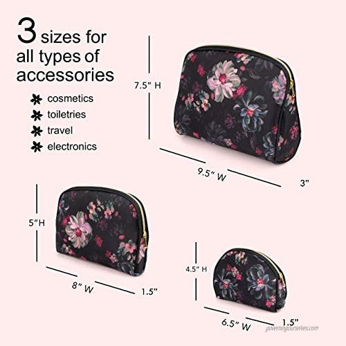 Once Upon A Rose 3 Pc Cosmetic Bag Set Purse Size Makeup Bag for Women Toiletry Travel Bag Makeup Organizer Cosmetic Bag for Girls Zippered Pouch Set Large Medium Small (Pink Floral Design)