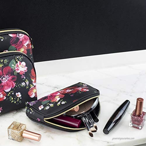 Once Upon A Rose 3 Pc Cosmetic Bag Set Purse Size Makeup Bag for Women Toiletry Travel Bag Makeup Organizer Cosmetic Bag for Girls Zippered Pouch Set Large Medium Small (Black & Floral)