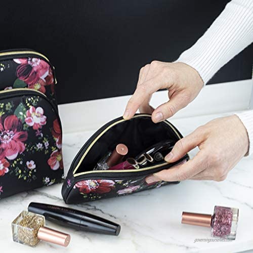 Once Upon A Rose 3 Pc Cosmetic Bag Set Purse Size Makeup Bag for Women Toiletry Travel Bag Makeup Organizer Cosmetic Bag for Girls Zippered Pouch Set Large Medium Small (Black & Floral)