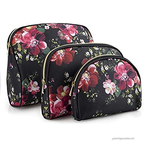 Once Upon A Rose 3 Pc Cosmetic Bag Set  Purse Size Makeup Bag for Women  Toiletry Travel Bag  Makeup Organizer  Cosmetic Bag for Girls Zippered Pouch Set  Large  Medium  Small (Black & Floral)