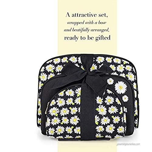 Once Upon A Rose 3 Piece Cosmetic Bag Set Purse Size Makeup Bag for Women Toiletry Travel Bag Makeup Organizer Cosmetic Bag for Girls Zippered Pouch Set Large Medium Small (Daisy Black)