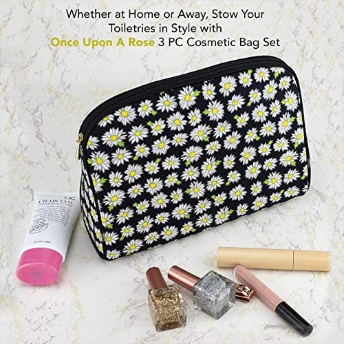 Once Upon A Rose 3 Piece Cosmetic Bag Set Purse Size Makeup Bag for Women Toiletry Travel Bag Makeup Organizer Cosmetic Bag for Girls Zippered Pouch Set Large Medium Small (Daisy Black)