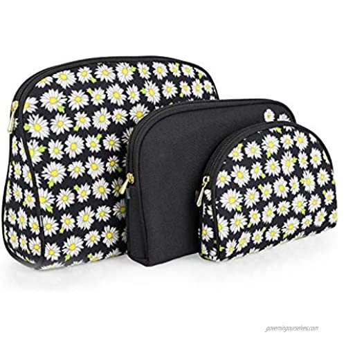 Once Upon A Rose 3 Piece Cosmetic Bag Set  Purse Size Makeup Bag for Women  Toiletry Travel Bag  Makeup Organizer  Cosmetic Bag for Girls Zippered Pouch Set  Large  Medium  Small (Daisy Black)