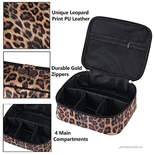 OXYTRA Travel Makeup Bag Leopard Print PU Leather Cosmetic Bag Organizer for Women- Portable Multifunction Toiletry Bags with Adjustable Dividers (Leopard Print)