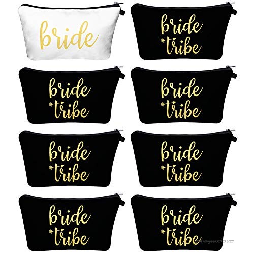 Pack of 8 Makeup Bags - 1 Bride Bag and 7 Bride Tribe Bags Bridal Shower Makeup Bag Sets Bachelorette Party Favors Bridesmaid Proposal Gifts Cosmetic Pouches for Women