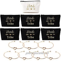 Set of 14 Bridesmaid Gifts Set - 1 Bride & 6 Bride Tribe Cosmetic Makeup Bags and 7 Rose Gold Knot Bracelet Bridal Shower Wedding Ehgagement Bachelorette Party Favors Bridesmaid Proposal