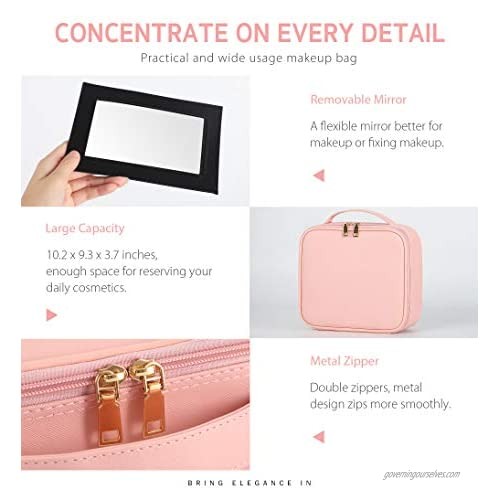Syntus Travel Makeup Bag with Mirror PU Leather Portable Train Cosmetic Case Organizer with Adjustable Dividers Large Capacity for Cosmetic Makeup Brushes Toiletry Jewelry Digital Accessories Pink